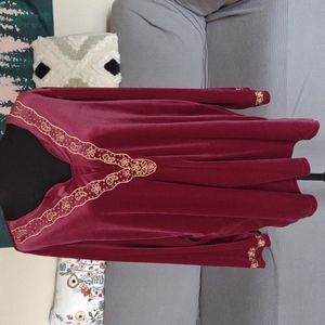 Burgundy Velvet Long Sleeved Tunic with Gold Trim Embroidery 3XL Vintage